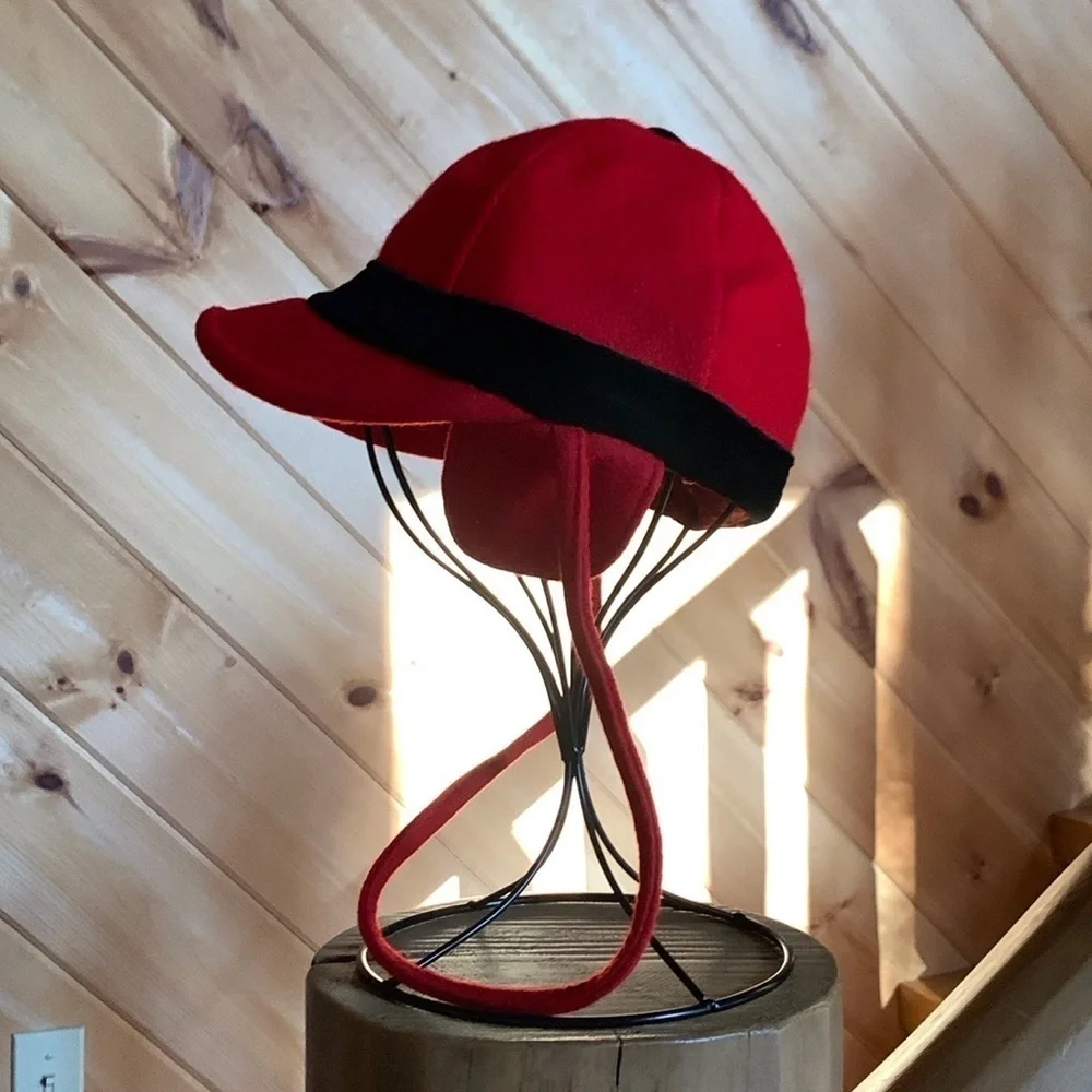 Kid’s dressy red trapper style hat with black velvet trim
